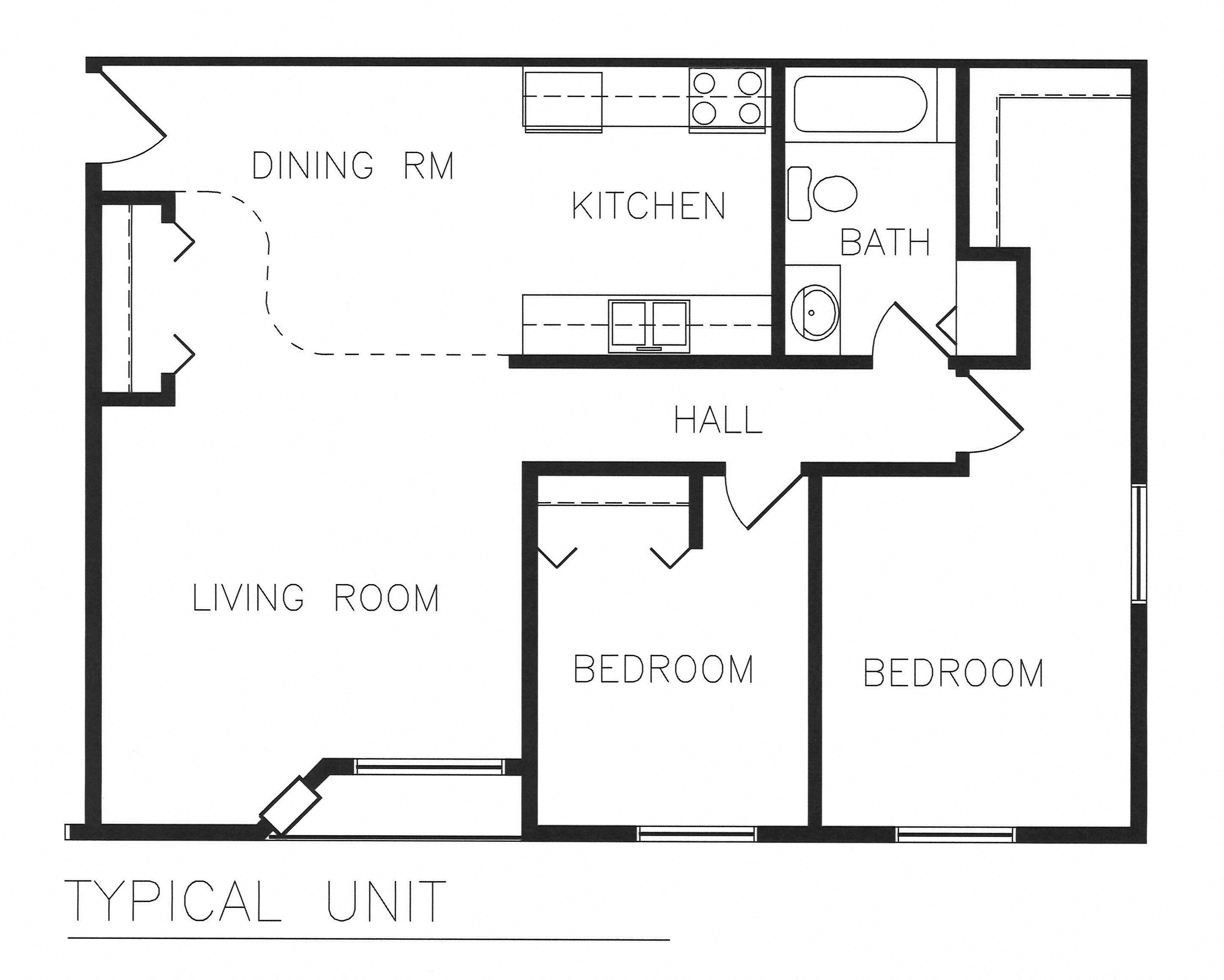 Floor plan for 2 beds, 1 bath, 900 sqft